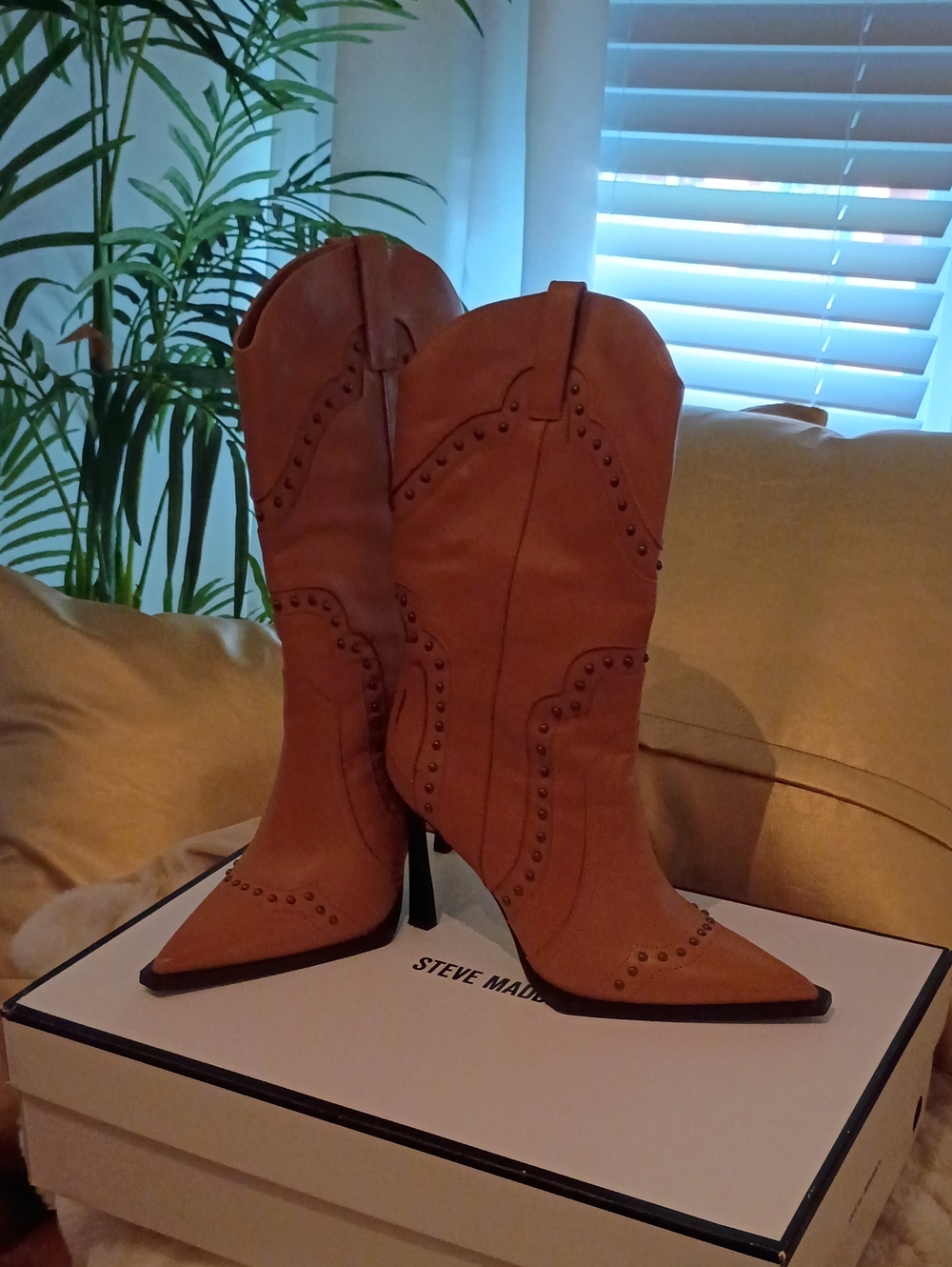 Steve Madden Brown Studded Pointed-Toe Western Heeled Boots